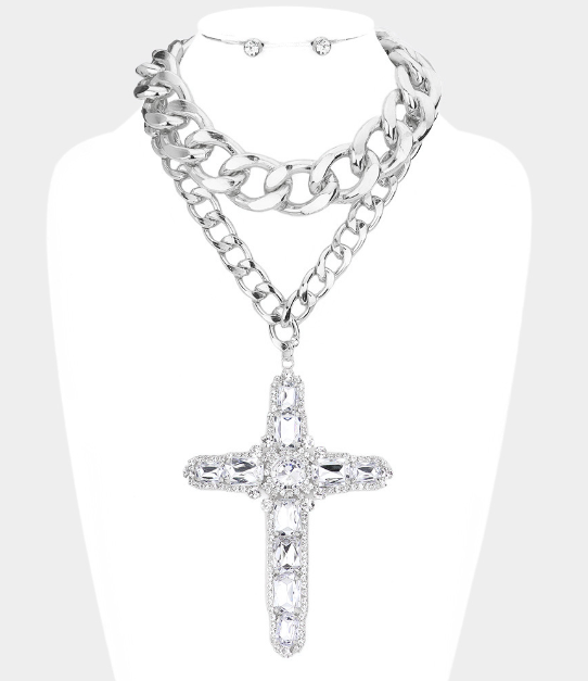 Cross Double Layered Stone Embellished Necklace