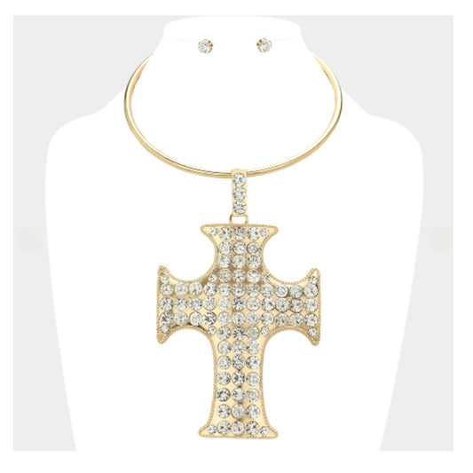 Pave Rhinestone Cross Pendant Necklace